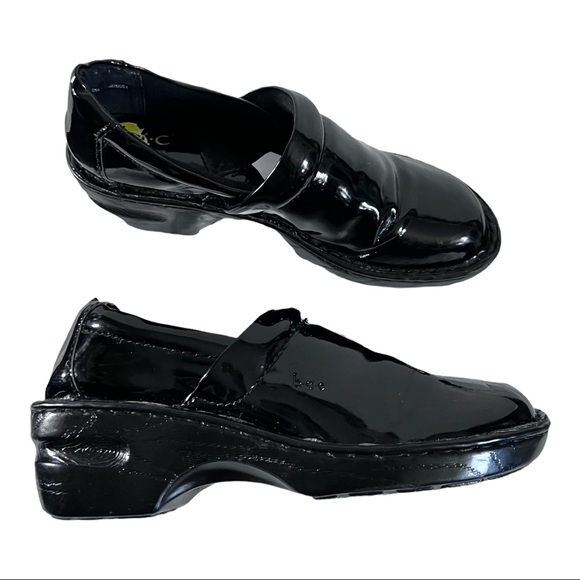 boc black patent leather clogs